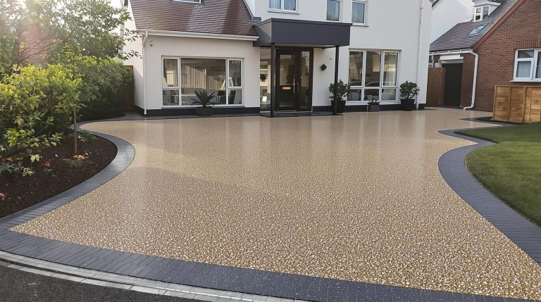 Golden resin driveway with flowing charcoal edging